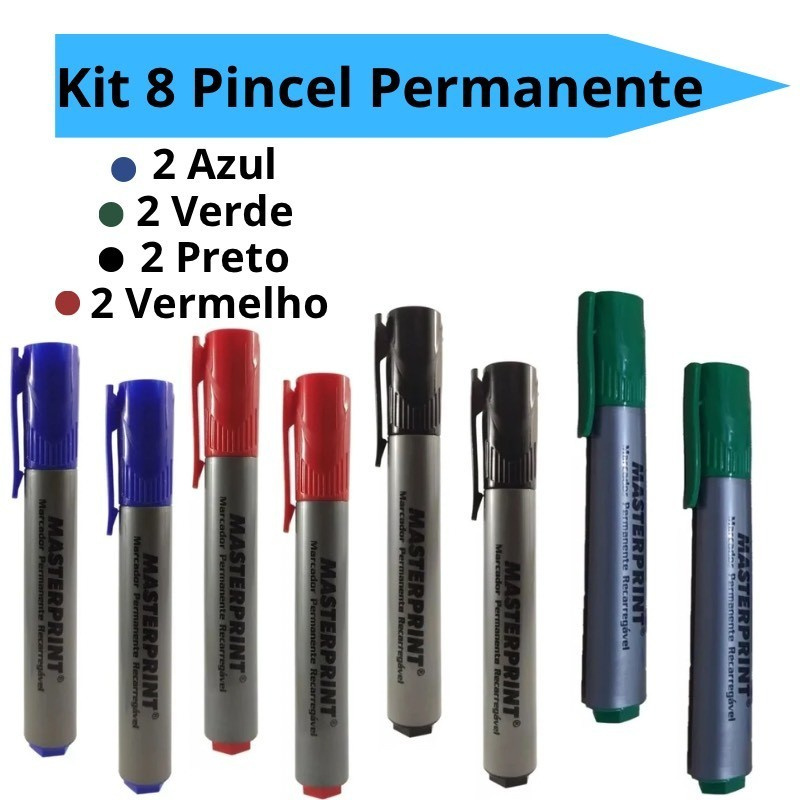 Kit 8 Pincel Marcador Permanente Recarregável Cores Azul Preto Vermelho Verde Recarregável Masteprint em Oferta na Shopee
