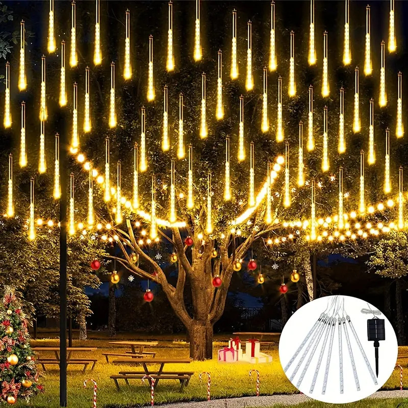 Cascata Solar 8 Tubo Meteoro 288 Led Recarregável No Sol Cores Branco Quente Frio e Colorido