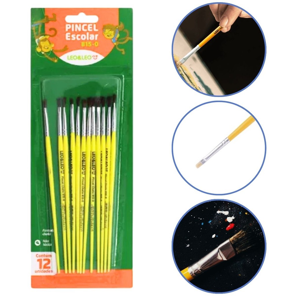 KIt 12 Pincel Escolar Artístico P/ Guache Artesanato Escolar Leo e Leo em Oferta na Shopee