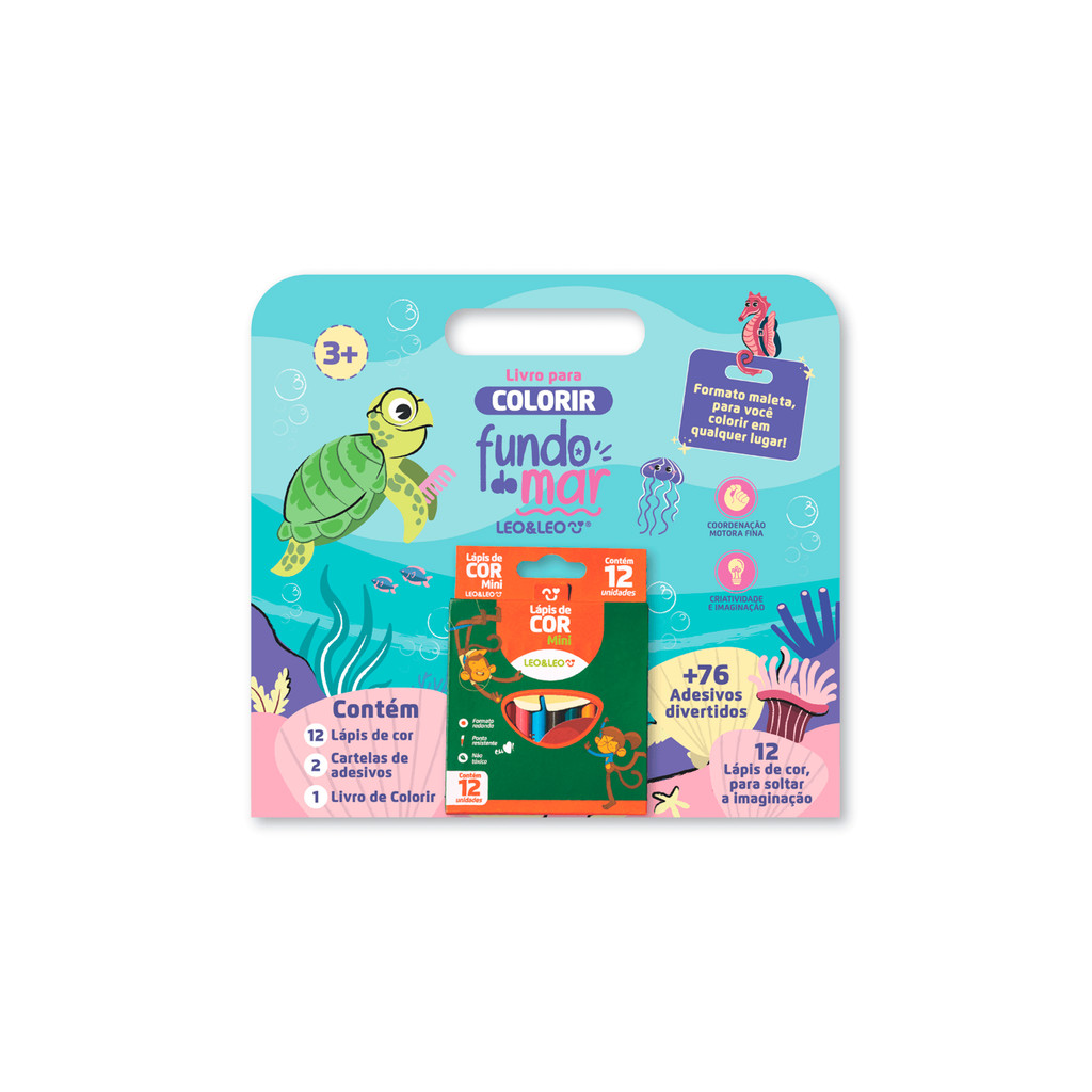Livro para Colorir Infantil Fundo do Mar com Adesivos e Lápis de Cor – Kit Educativo e Criativo Leo&Leo