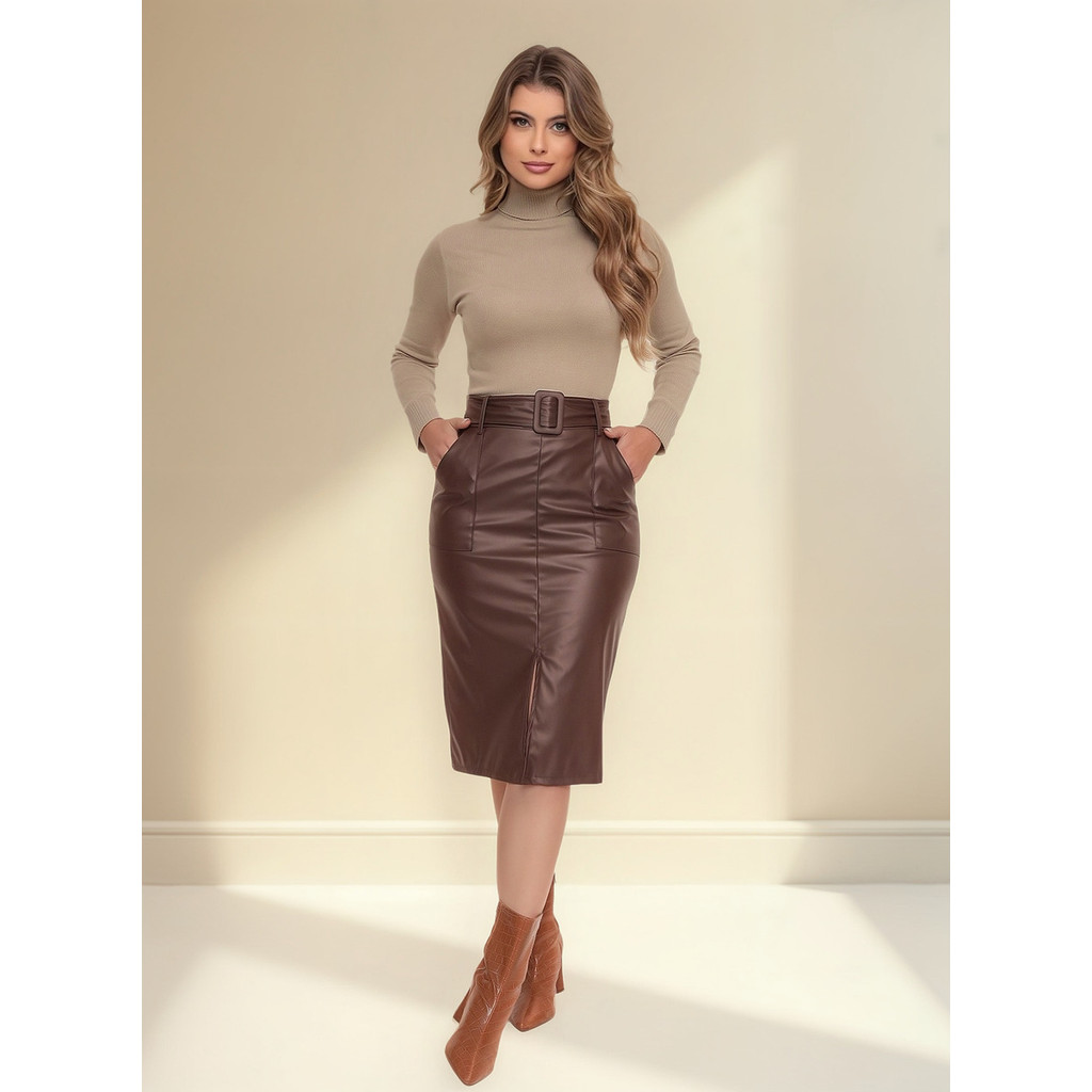 Saia Midi Couro Fenda Evangélica Premium Com Cinto E Bolsos em Oferta na Shopee