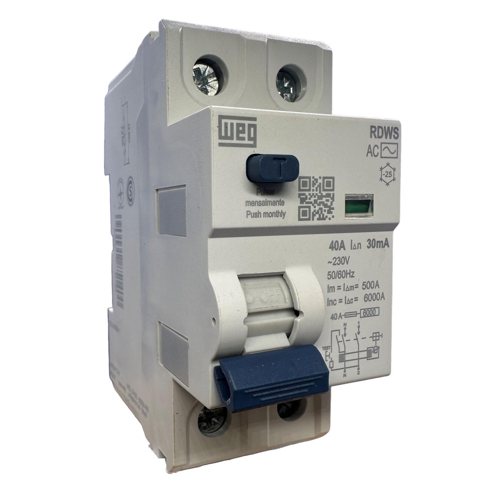 INTERRUPTOR DR IDR BIPOLAR RDWS AC 30MA 40A WEG DIFERENCIAL RESIDUAL FUGA DE CORRENTE 02 POLOS