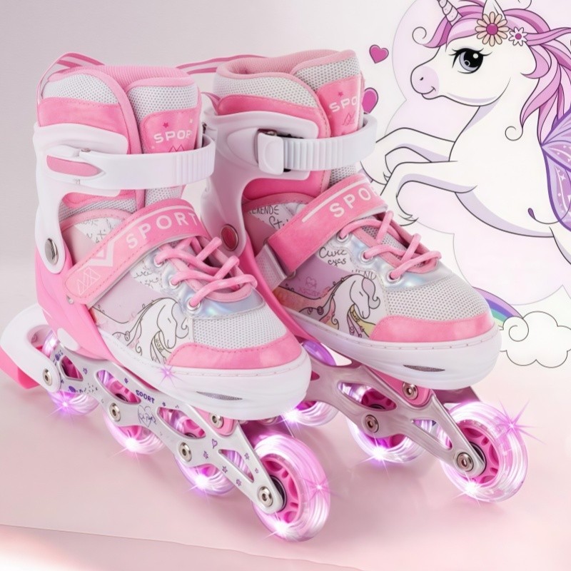 Patins Infantil Roller Inline Rosa Unicornio Ajustável Com Luz De LED Criança Promoção