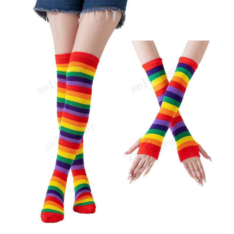 Meias Quentes Listradas Arco-Íris Até O Joelho + Luvas-Conjunto Lolita Para Cosplay , Presente De Natal peúga em Oferta na Shopee