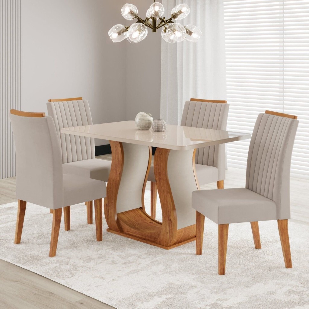 Conjunto Sala de Jantar Mesa 120x80,7cm Tampo com Vidro 4 Cadeiras Inspirare Bege/Mel