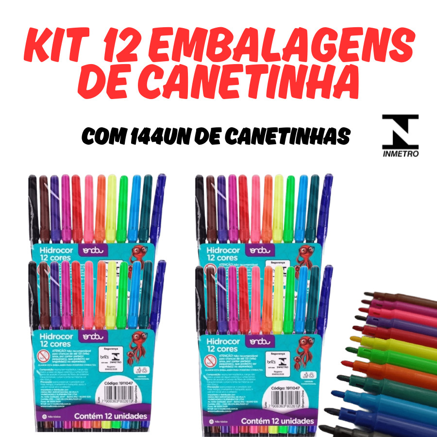 KIT 12 Embalagens Canetinhas Coloridas Canetas 12 cores Papelaria Material Escolar Atoxico Infantil
