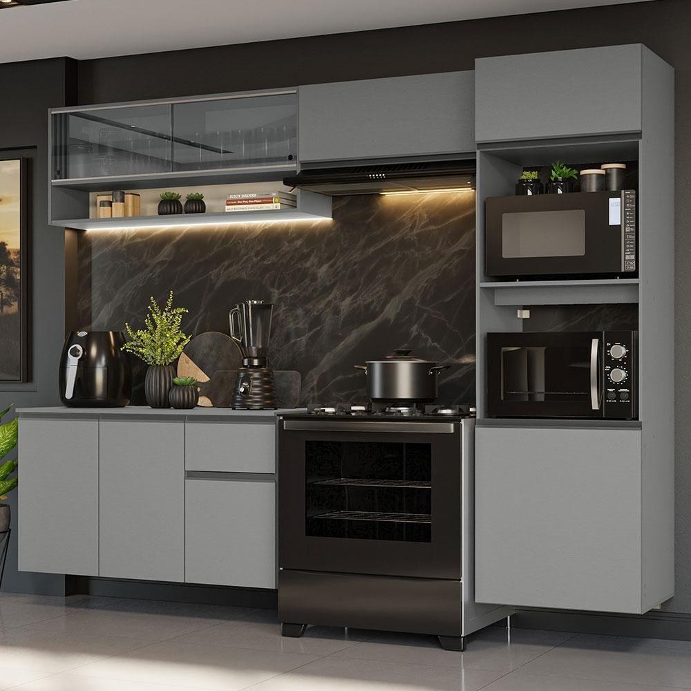 Armário De Cozinha Completa Suspenso 260cm Nice Madesa 10 Cinza