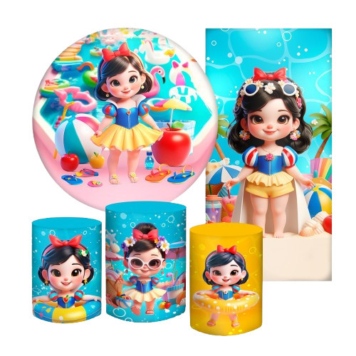 Painel de festa red+ Trio de capas cilindros + Painel Vertical Branca de Neve pool party