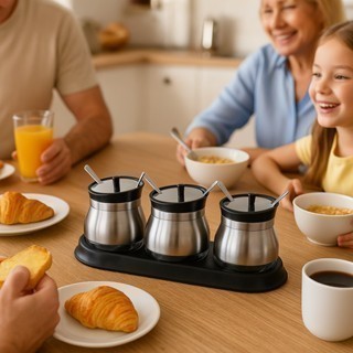 Conjunto 3 Unidades Conserva Tempero Condimentos Vasilha Suporte Colher Vidro Pote Recipiente Inox