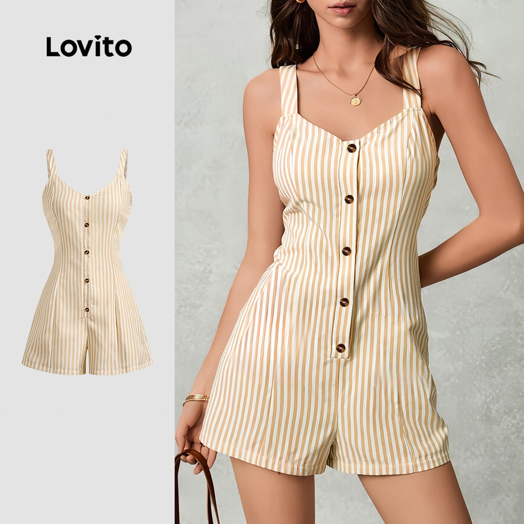 Lovito Macacão Casuais com Botão Toque Suave Ao Tacto Primavera/verão Macacão Cáqui L138ED234 em Oferta na Shopee