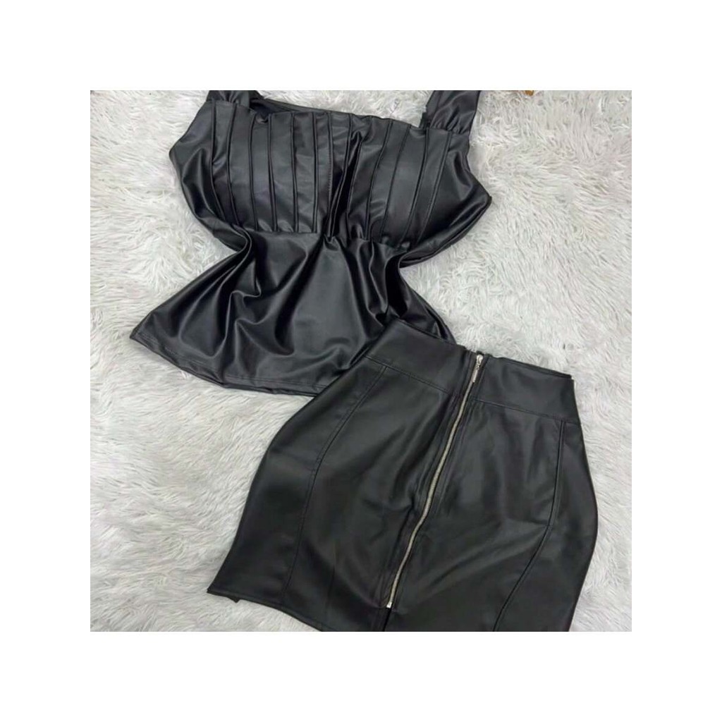 Conjunto Couro Fake Cropped Com Bojo Listrado + Saia Zíper