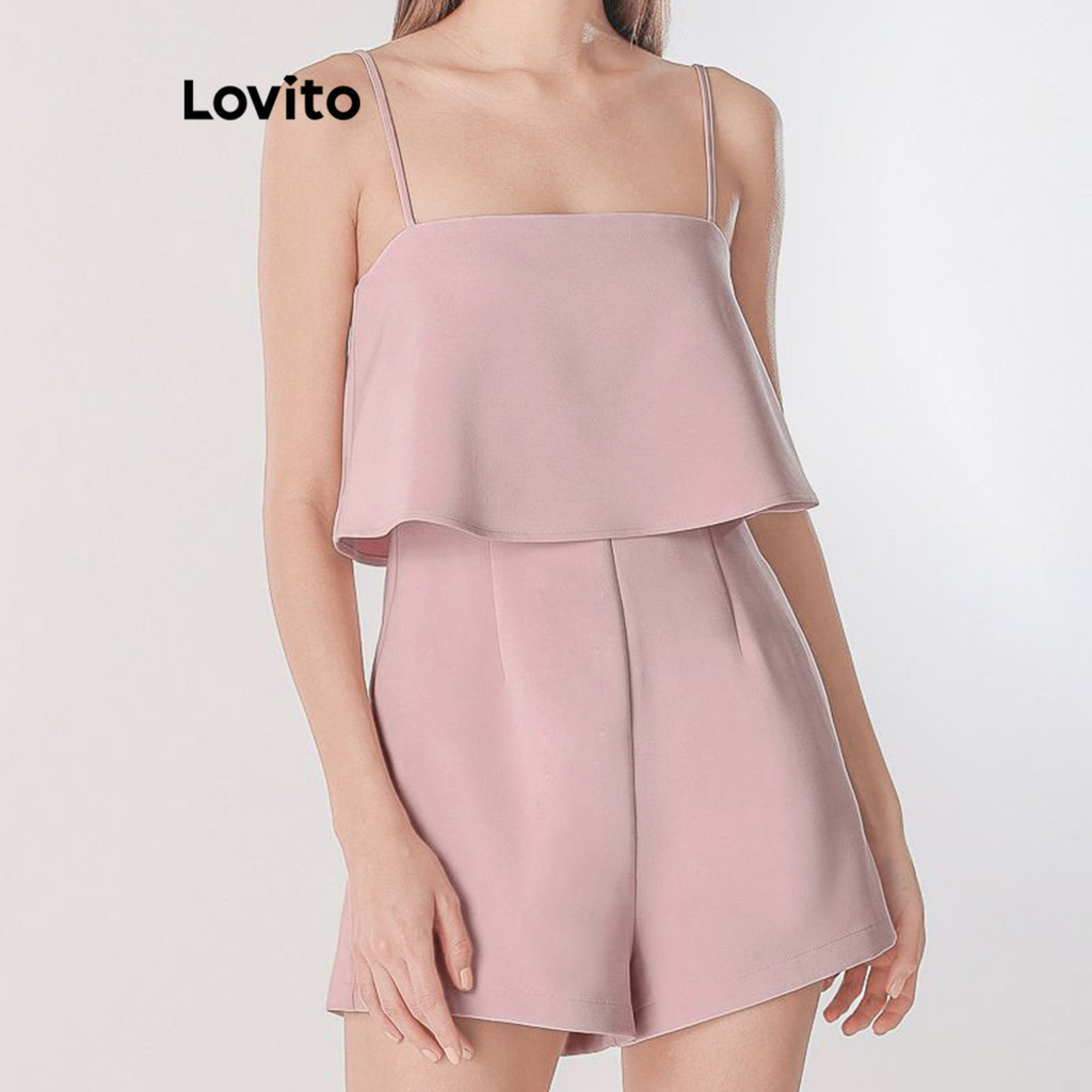 (Trendy) Lovito Macacão Casual Com Babados Lisos Para Mulheres L109MD681 em Oferta na Shopee