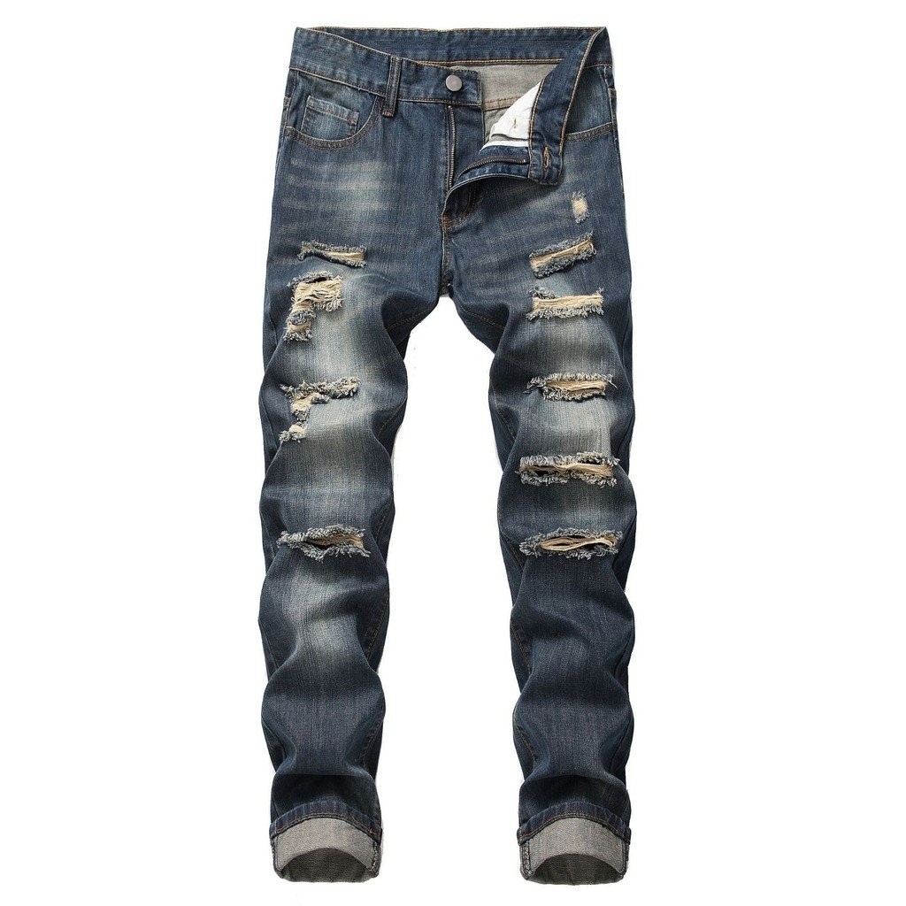 Calças de Denim Masculinas Rasgadas, Slim Fit, Sem Elasticidade em Oferta na Shopee