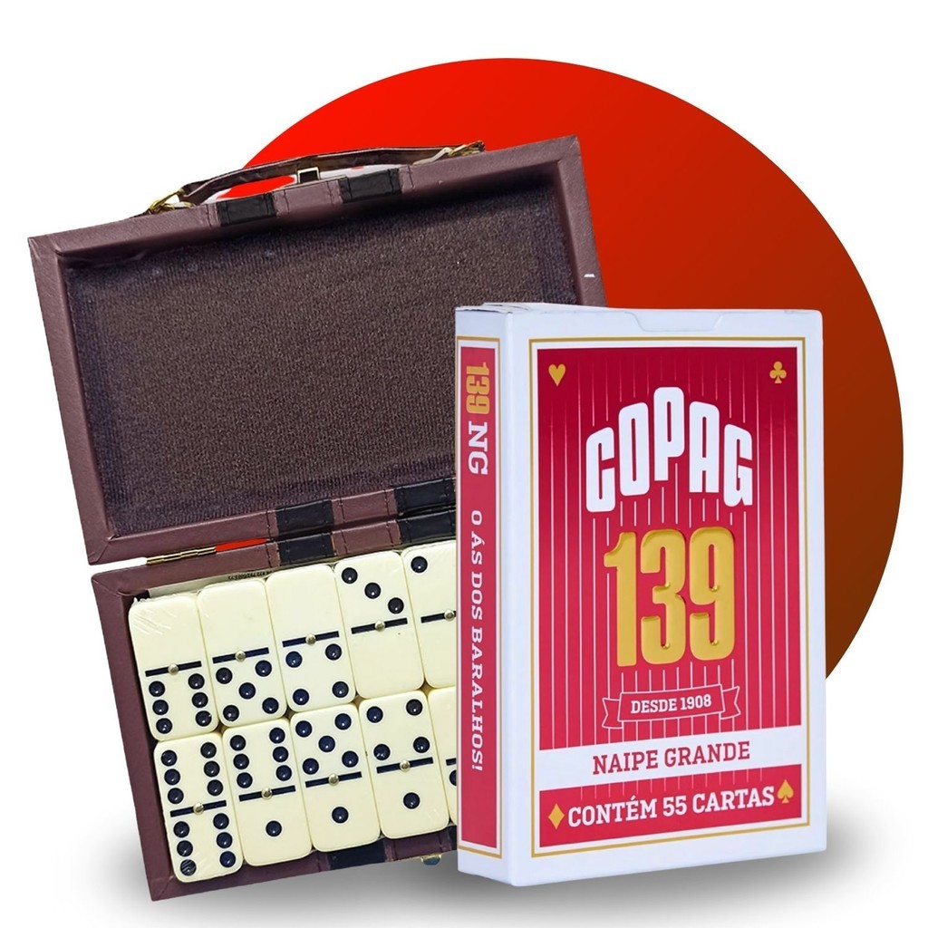 Kit Dominó Maleta Sq3442 Baralho Copag 139 Jogos Clássicos Unidade Bar Reunião Truco Poker