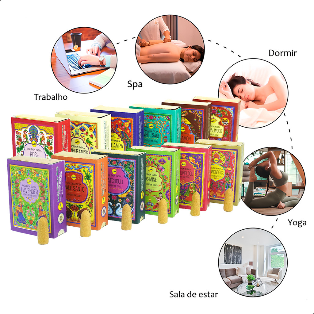 Incenso Cone Cascata Golden Índia 5 Caixas Com 10 Cones Cada / 50 CONES TOTAL em Oferta na Shopee