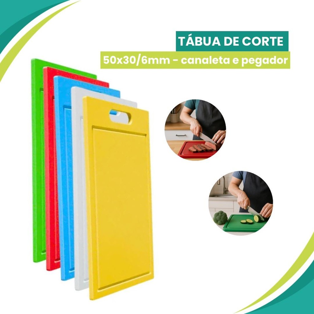 Tabua De Corte 50x30 6MM Canaleta Pegador Diversas Cores Antibacteriana Carnes Legumes