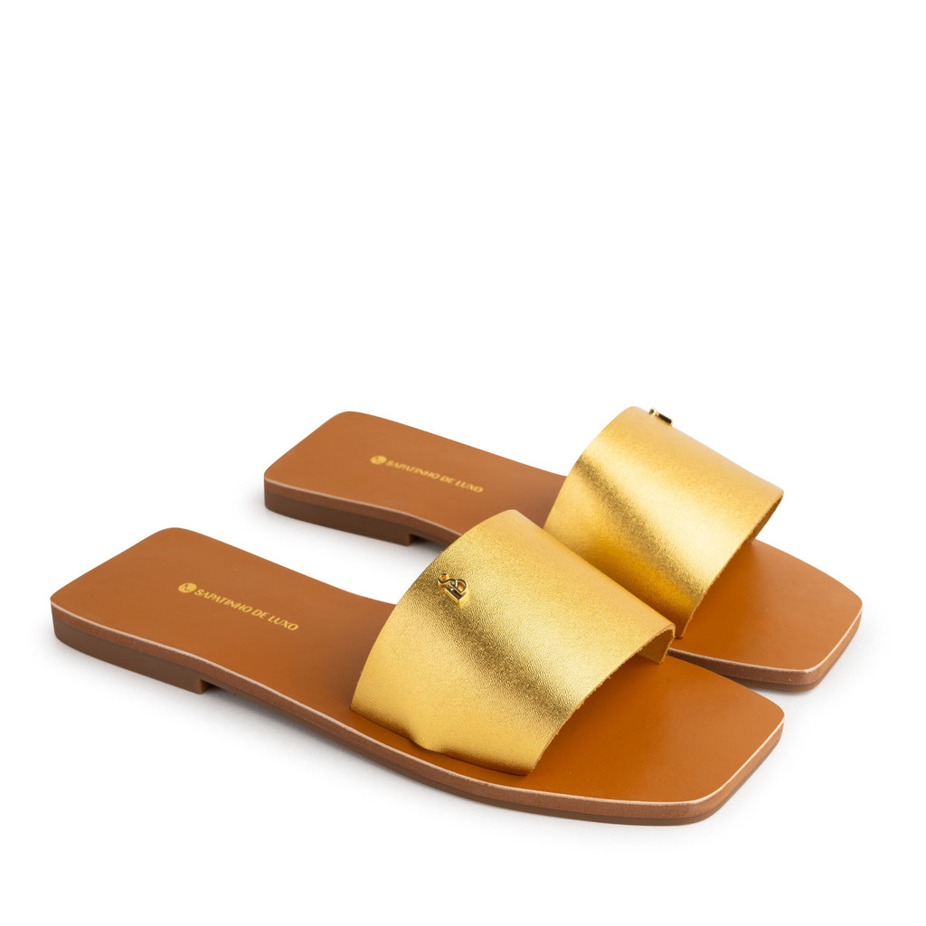 Rasteira Couro Metalizado Ouro Tira Única e Bico Quadrado JADE_5 - Women Shoes
