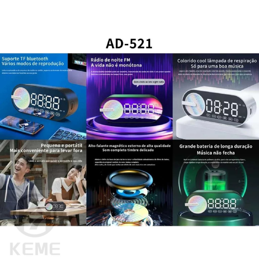 Rádio Relógio Despertador Com Relógio E Rxibição  De Hora Bluetooth Portátil