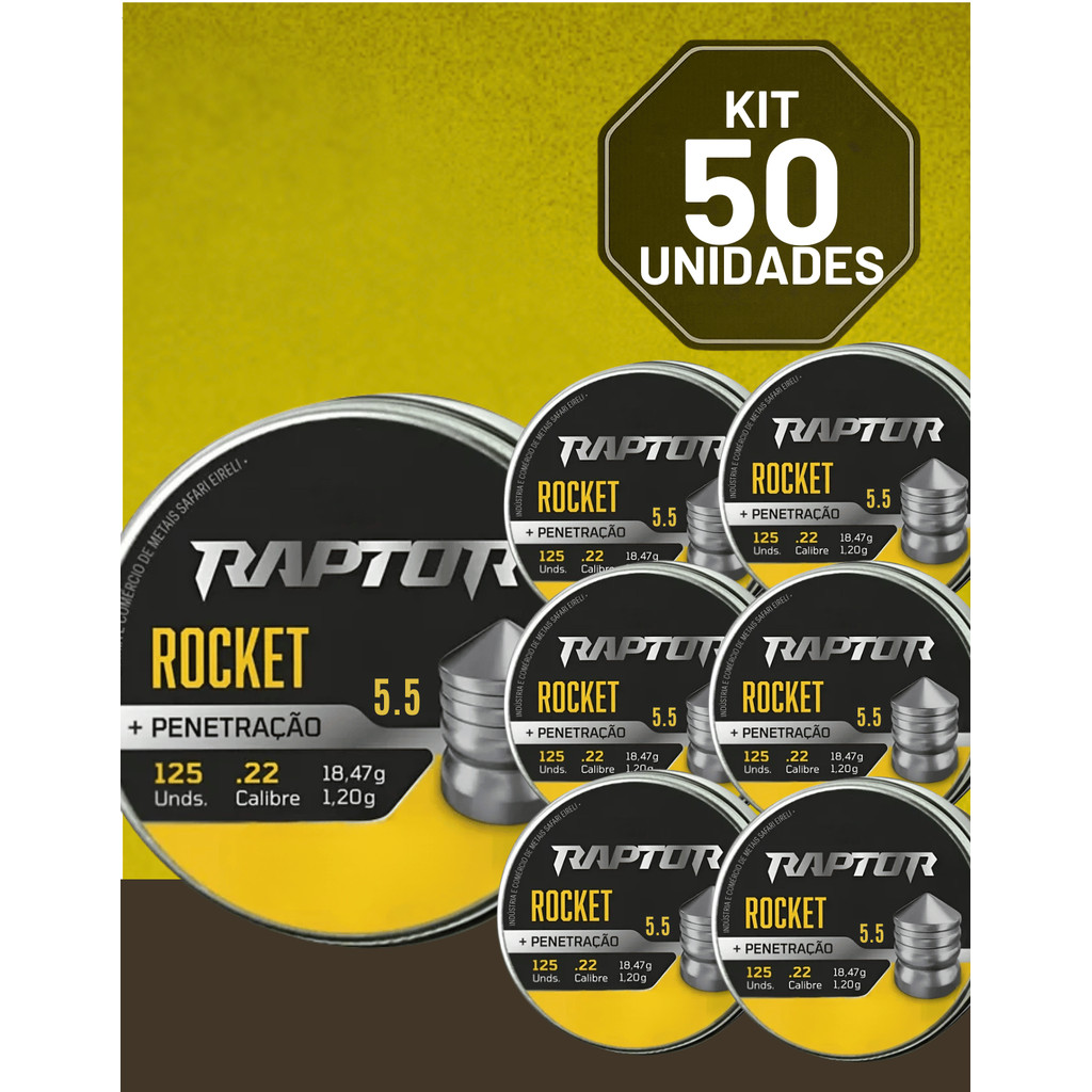 Atacado Kit 50 Lata Chumbinho Raptor Rocket 5,5mm Penetração Pontiagudo