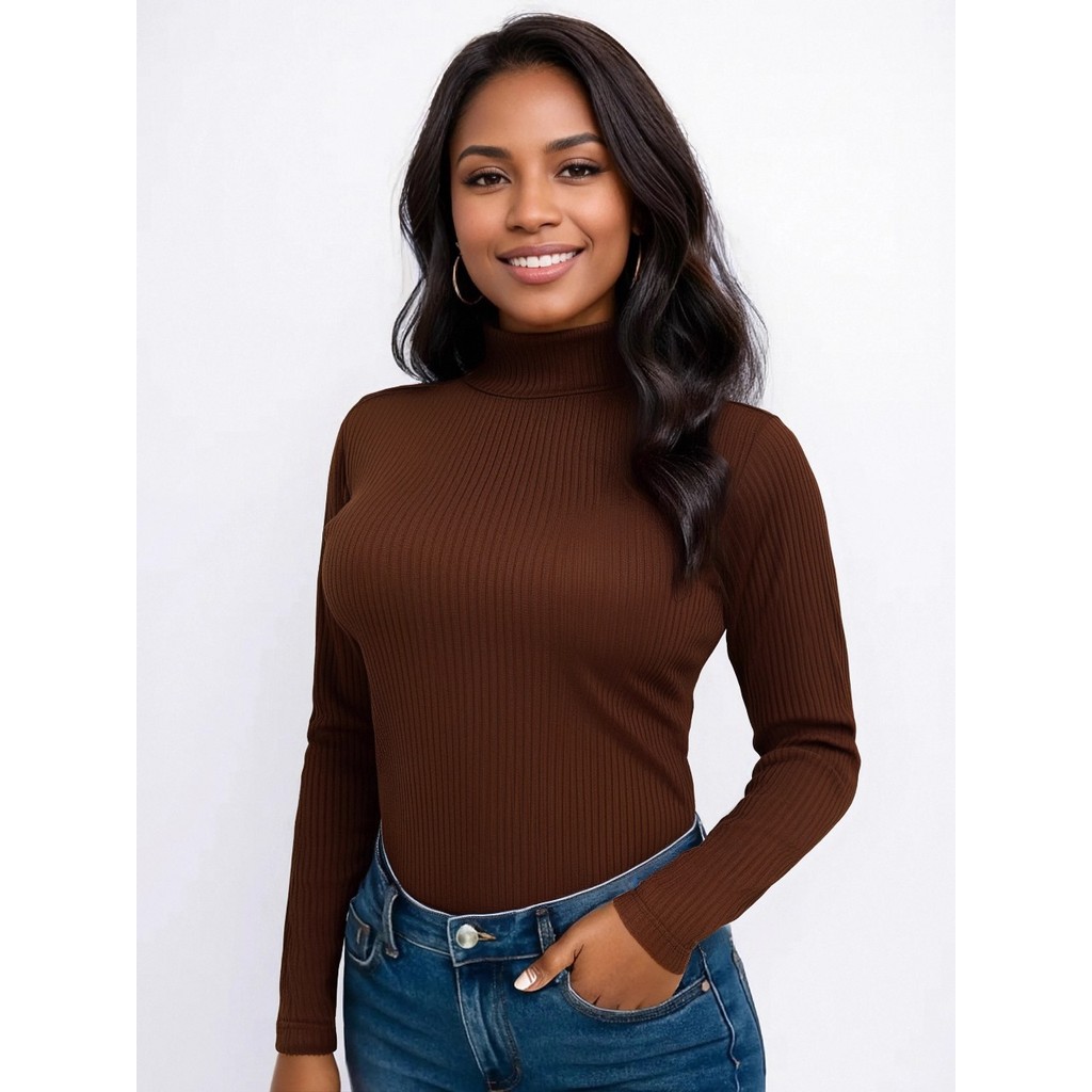 Blusa Feminina Manga Longa Canelada Gola Alta Segunda Pele Cacharrel Feminina