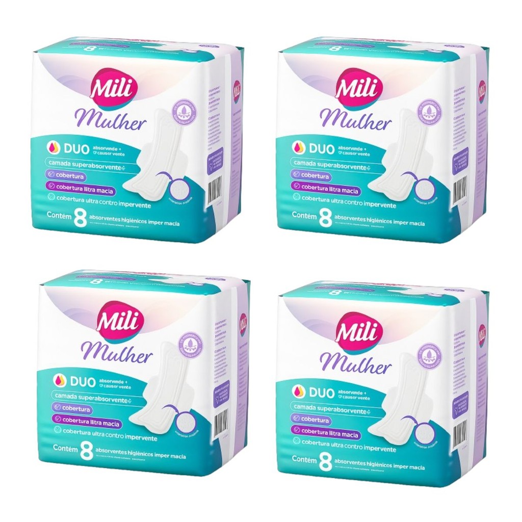 Absorvente Higiênico Feminino Mili Mulher Duo (menstrual + escape de urina)  kit 4 pacotes c/8 Uni