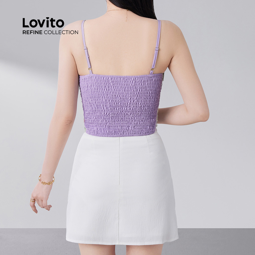 Detalhes do (Lovito Refine) Top Romântico Ajustável com Alças Largas  Aplicação de Franzido  Primavera/verão  para mulheres LR13E043
