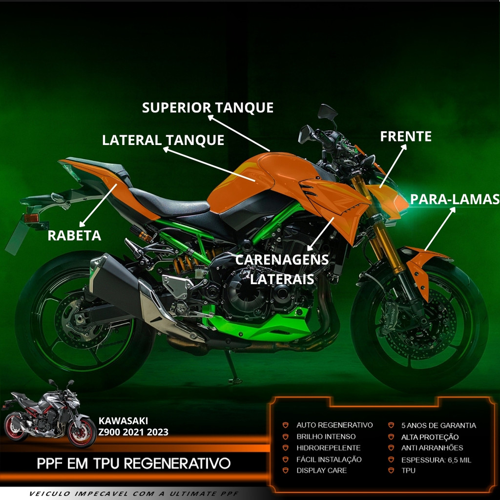 Película PPF Proteção Kit Full Moto Kawasaki Z900 2021 2022 2023 Transparente TPU Anti Risco