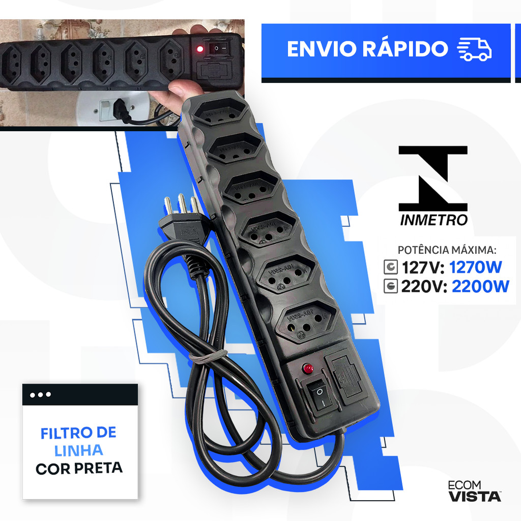 FILTRO DE LINHA RÉGUA 6 TOMADAS RESISTENTE 10A COM FUSÍVEL TRIPOLAR