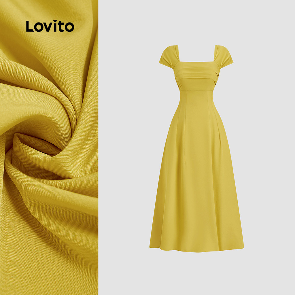 (New) Lovito Vestido Elegante Plissado Estilo Francês Preguiçoso Primavera/verão Vestido Amarelo para Mulheres L142LD708 em Oferta na Shopee