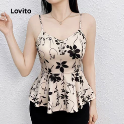 (New) Lovito Blusa Férias com Flores Franja com Babados Top de Primavera/verão para Mulheres L143ED094