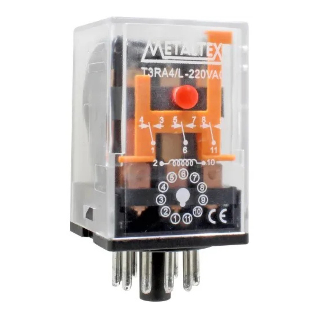 Relé Industrial 3 REV - Bobina de 24VCC - Capacidade 10A - 11 Pinos Plug-in - com Indicador Luminoso