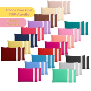 Kit 2  Fronhas 100% Algodão 400 Fios com Zíper e Babado para Cama Casal, Queen e King - Alta Qualidade Fronha 50x70 em Oferta na Shopee