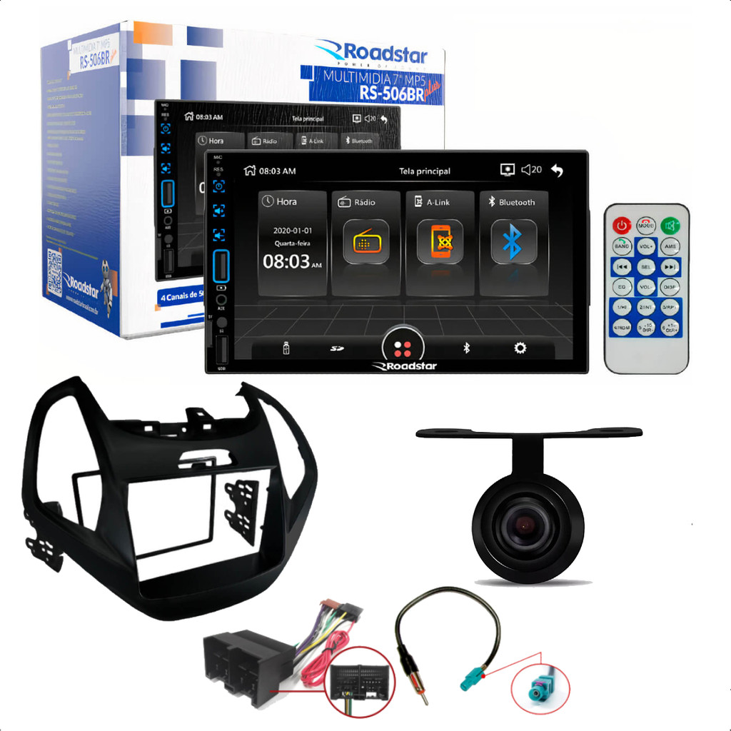 Central Multimídia 7" RS-506BR + Moldura Ka 2019 em diante sem Comp Preto + Câmera de Ré + Chicotes