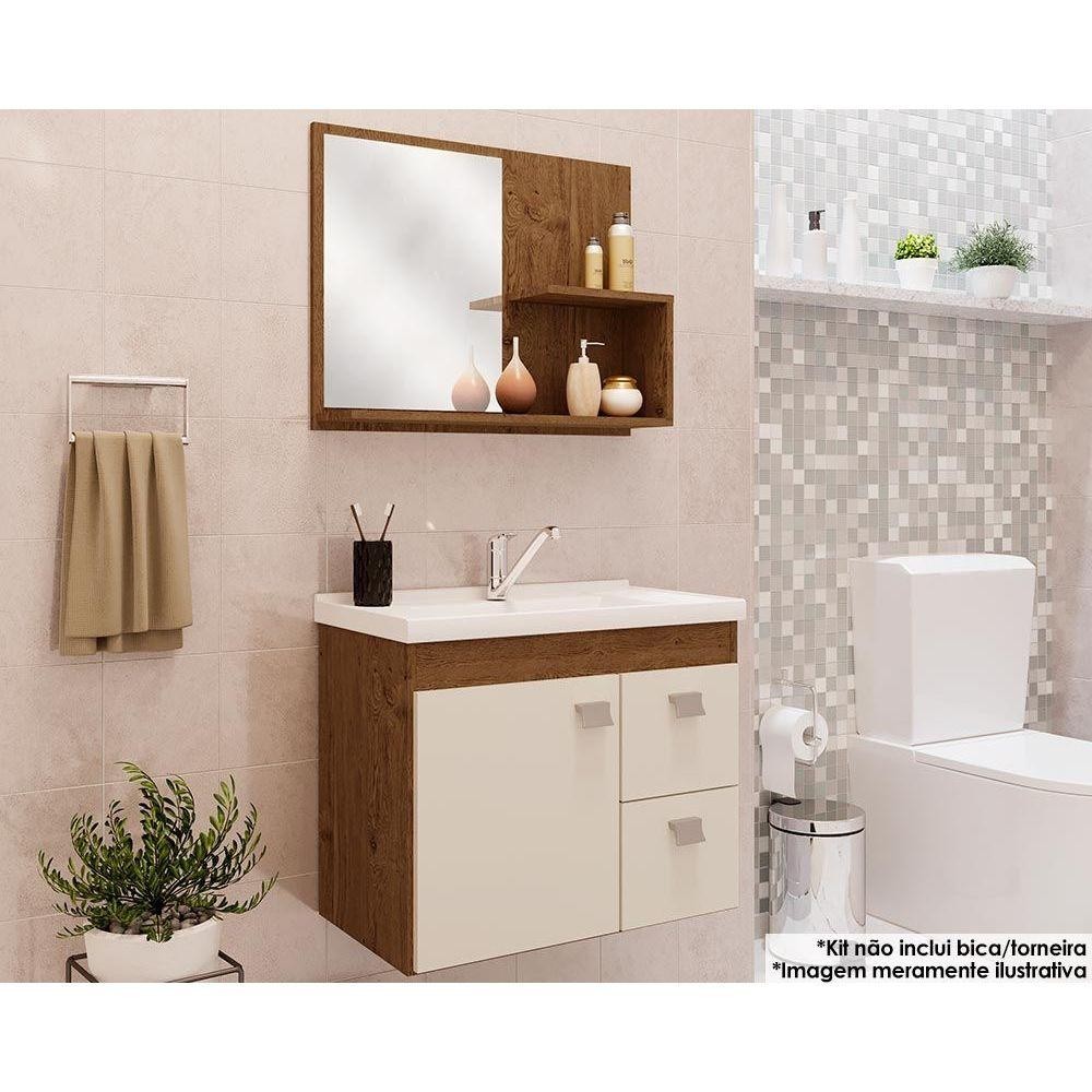 Conjunto de Banheiro Balcão Suspenso c/Cuba 55cm e Armário c/ Espelho Hortência Isa Amendoa/Off White - MGM - Home & Living