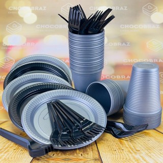 Kit Festa 50 PESSOAS DESCARTAVEIS PRETO E PRATA  GARFO + PRATO + COPO em Oferta na Shopee