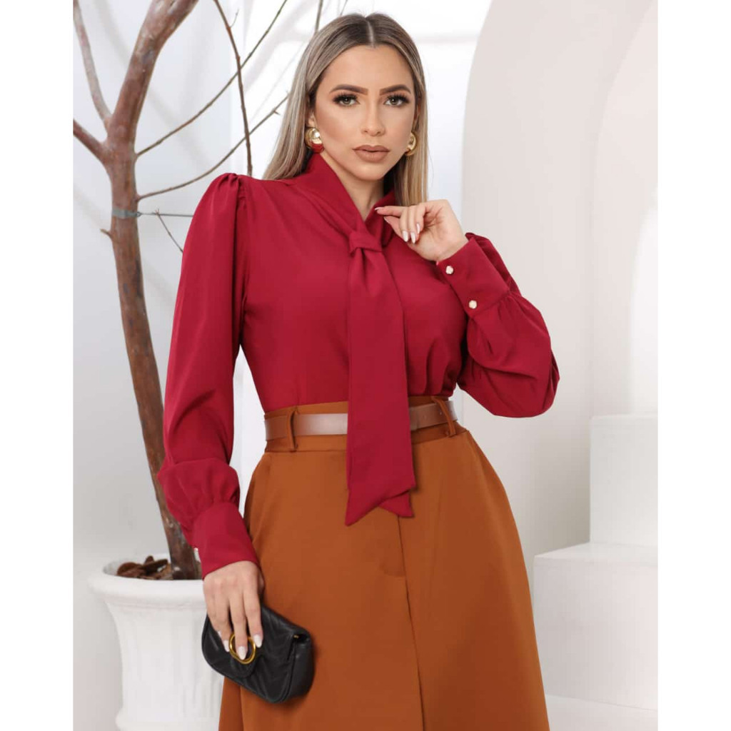 Blusa Camisa Marsala Vinho Bordo Laço Gravatinha Manga Longa Com Botão Abotoadura Bufante Princesa Renda Social Romântica Moda Evangelica Para Congresso Fardamento