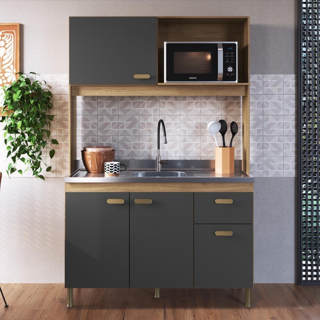 Armário De Cozinha Compacta Fidelitá Malta 122cm 4 Portas 1 Gaveta Sem Tampo e Fundo Castani/Chumbo em Oferta na Shopee