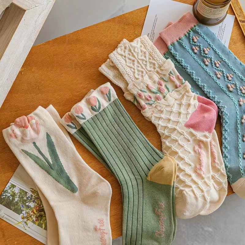 Meias de Pescoço Femininas com Padrão de Tulipa Floral Estilo Vintage para Mulheres