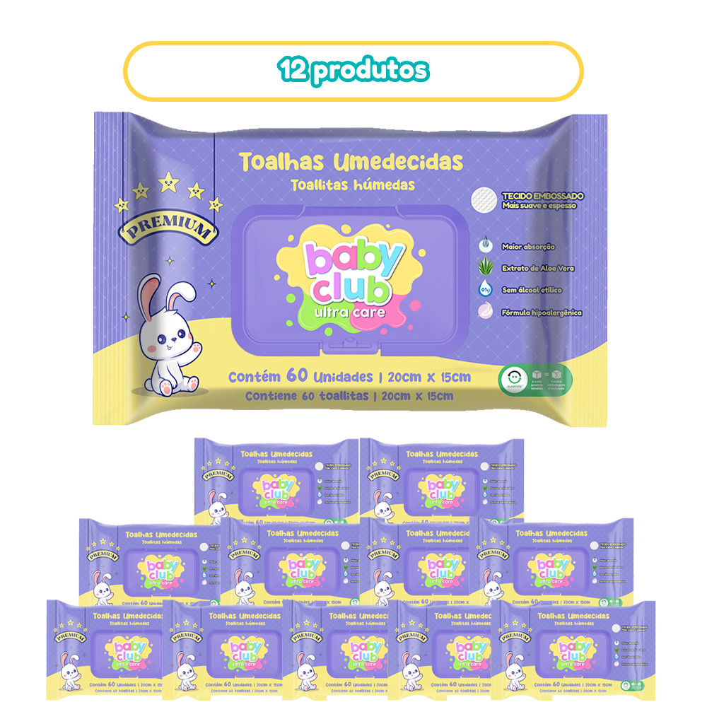 Kit 12 Pacotes Toalhas Umedecidas Premium 60 Folhas Baby Club