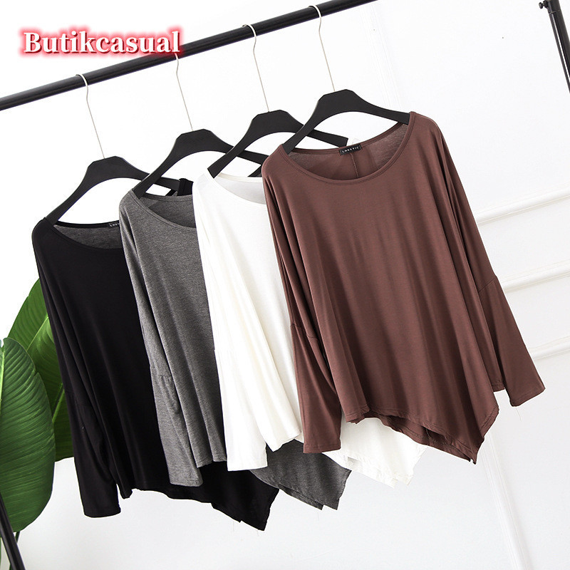 Mulheres plus size Camiseta Irregular Simples modal Topos Solto Em Torno Do Pescoço Bat Manga Longa Camisetas Macias 202