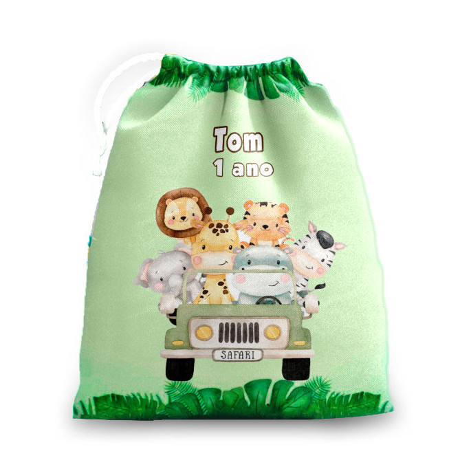 10 sacolinhas personalizada tecido SAFARI VERDE para lembrancinhas de festa de aniversario 30cmx20cm