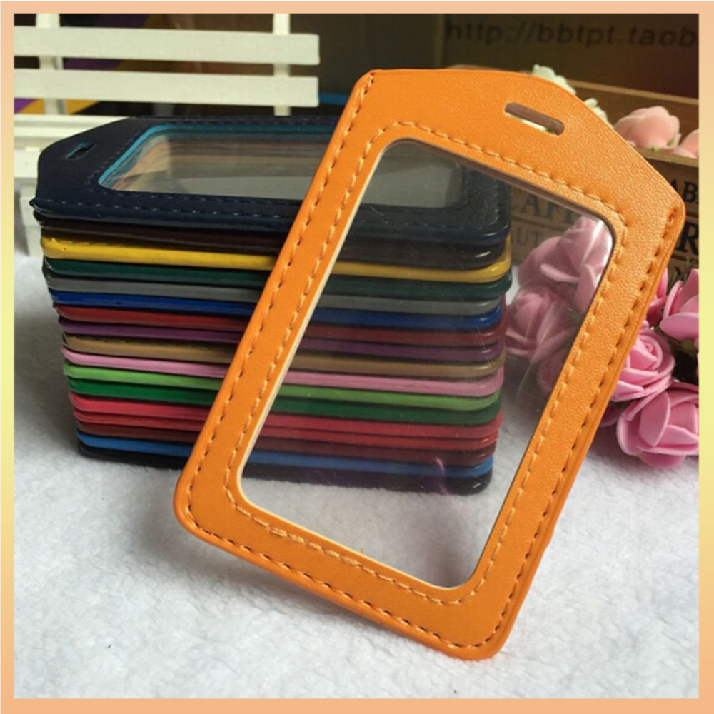 Porta-Cartões De Identificação PU Couro Caixa De Crachá Transparente Com Bordas Coloridas E Furos De Cordão
