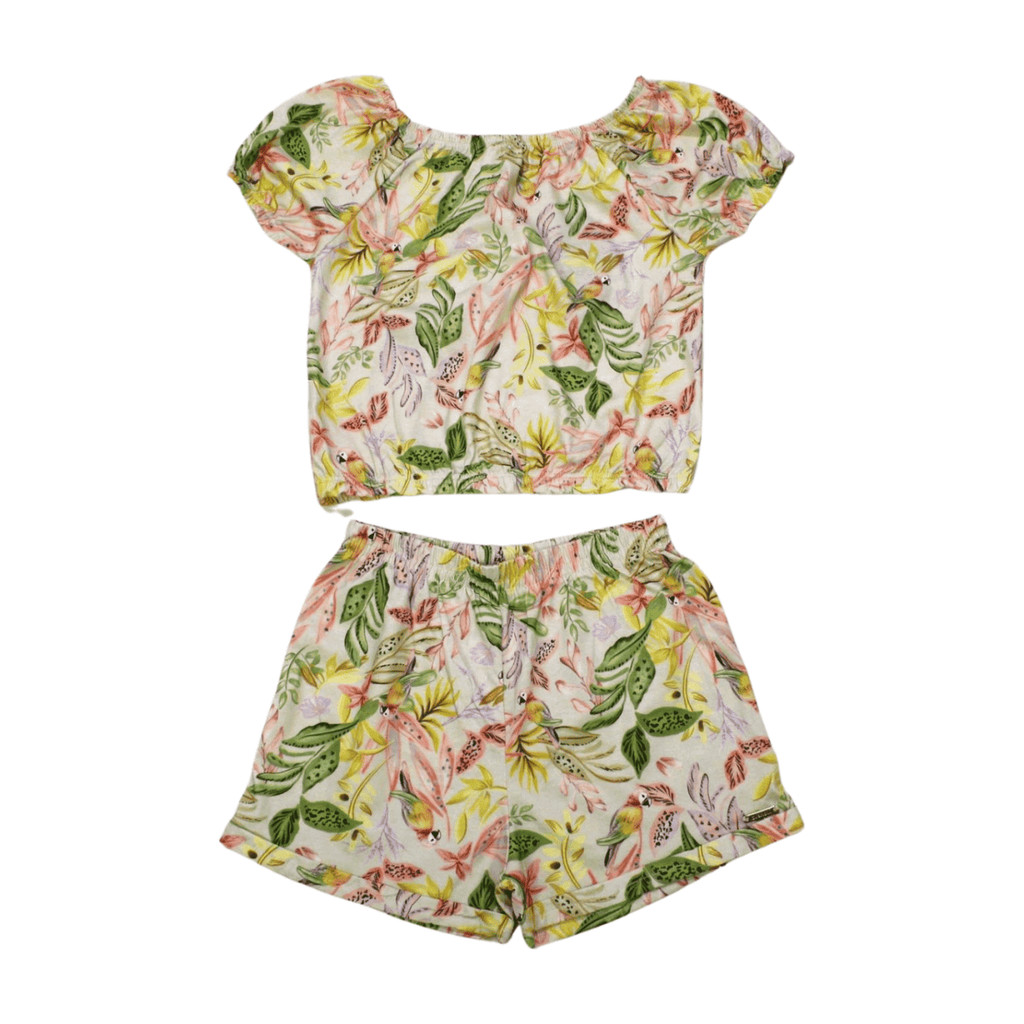 Conjunto inafntil  Feminino Blusa Cropped e Shorts Estampado Folhas 26337 - Brandili