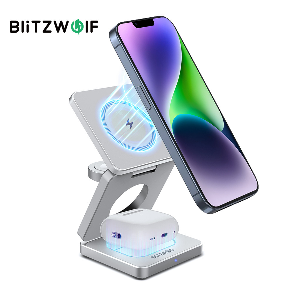 BlitzWolf BW-iw30 Carregador Magnético 3 Em 1 Dobrável 15W Sem Fio Sation De Car