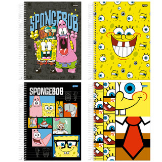 KIT Caderno Universitário Capa Dura 10 Matérias 160 Folhas Bob Esponja - Pacote 4 Unidades Sortidas