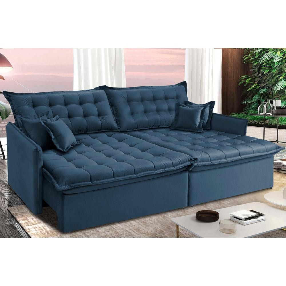 Sofá Sem Caixa Retrátil Reclinável 2,15m Cama inBox Versátil com Pillow Top e Molas Velusoft Azul em Oferta na Shopee
