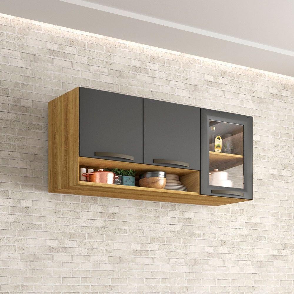 Aéreo 03 Portas Reflecta Valência Branco Salleto Móveis Carvalho Com Grafite em Oferta na Shopee