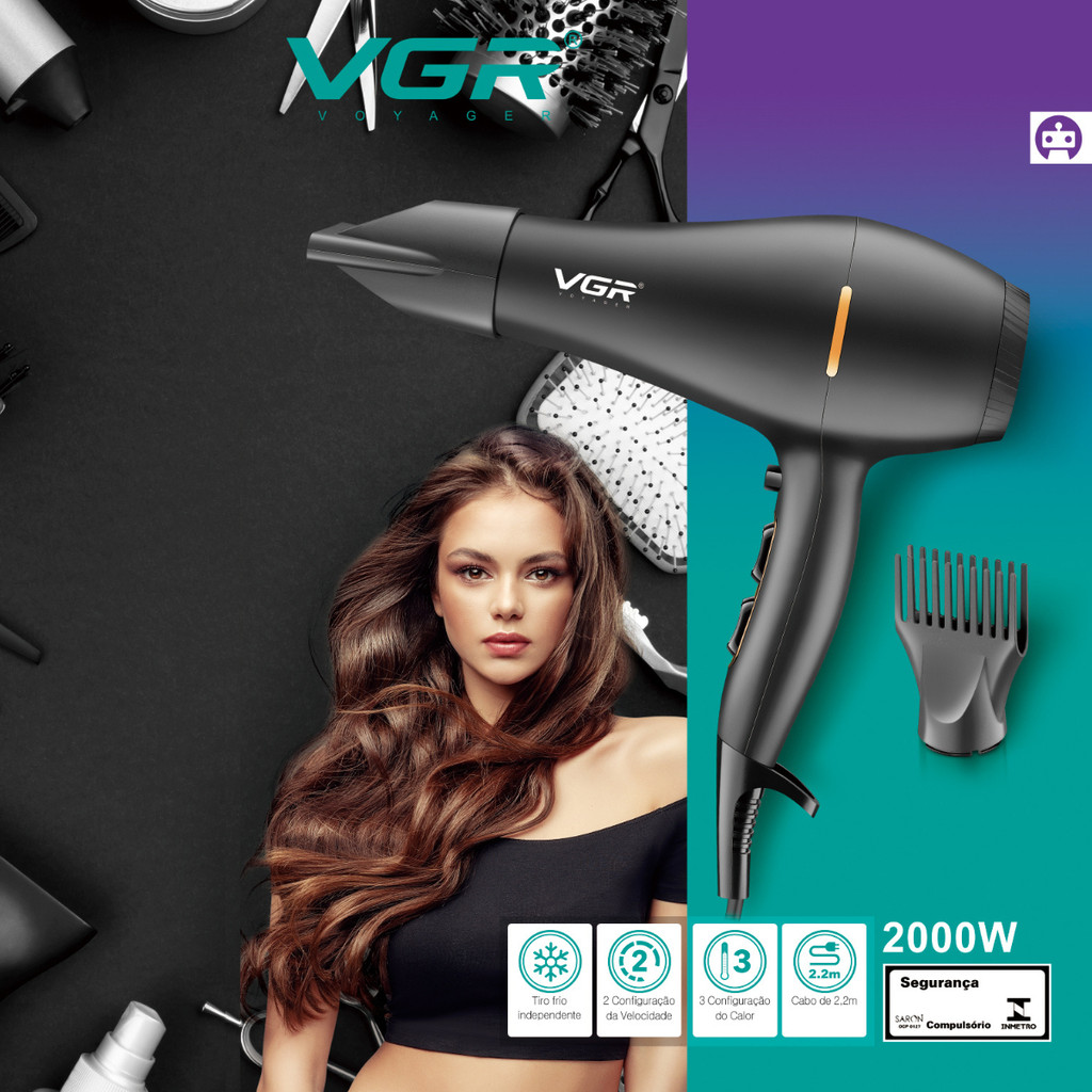 Secador De Cabelo Profissional Potente Vgr 3 Velocidades OIV-433 em Oferta na Shopee