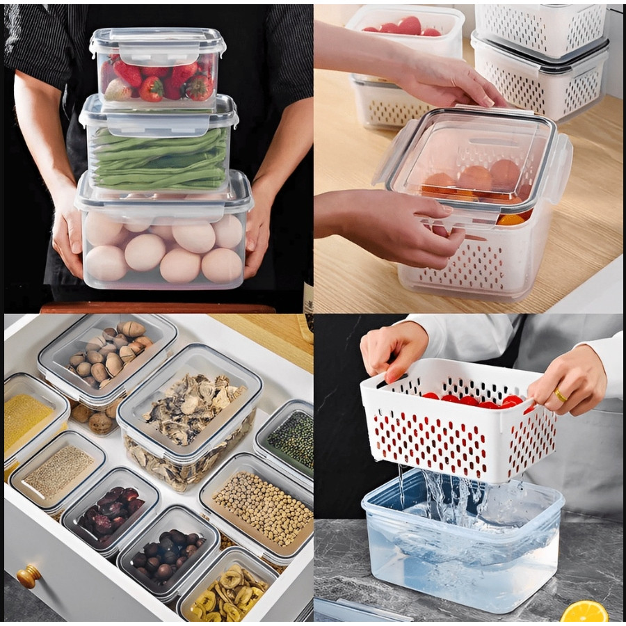 Kit 3 Organizadores de Geladeira Potes Herméticos Cozinha Alimentos Com Cesto Removível Lavar Frutas