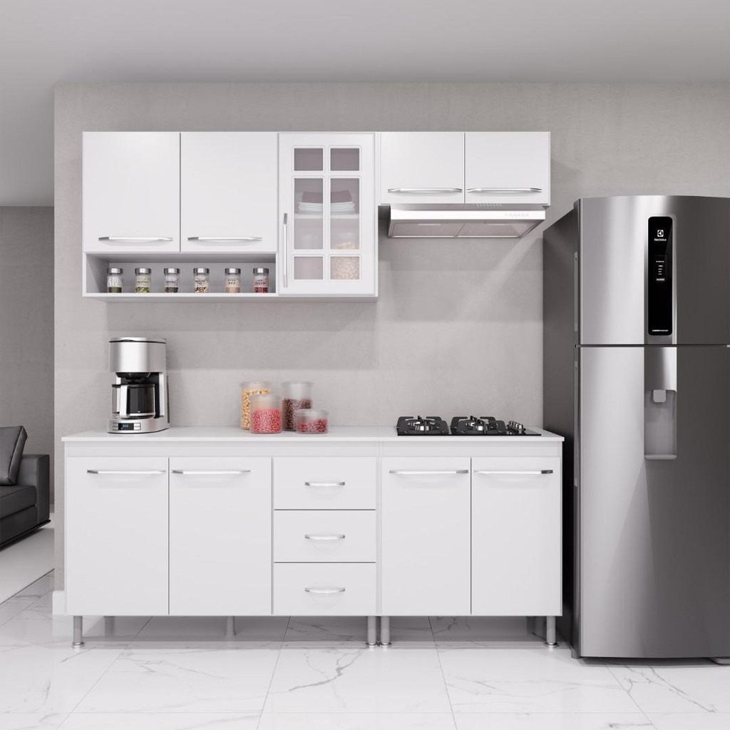 Cozinha Modulada Compacta Fidelitá Viena 4 Peças 190cm 9 Portas 3 Gavetas Com Tampo Branco - Home & Living